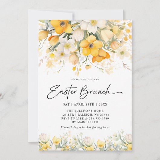 Moderne gele lente bloemige paasbrunch kaart (Voorkant)