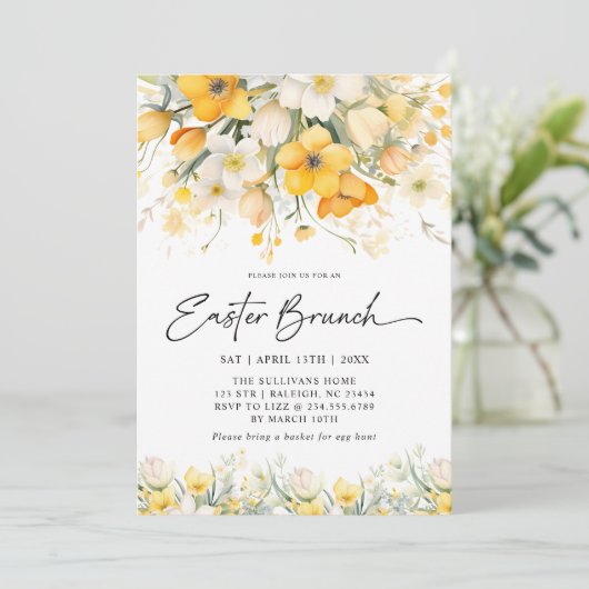 Moderne gele lente bloemige paasbrunch kaart (Staand voorkant)