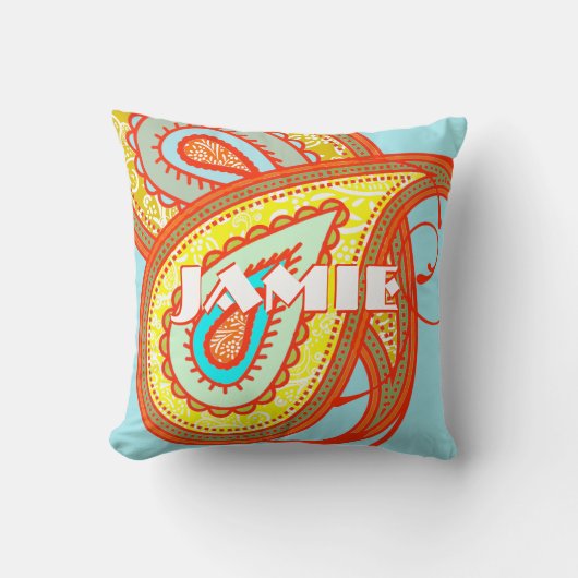 Moderne Gele Oranje Aqua Mint Paisley Kussen (Voorkant)