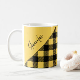 Moderne Gele Plaid Check Patroon Naam Koffiemok