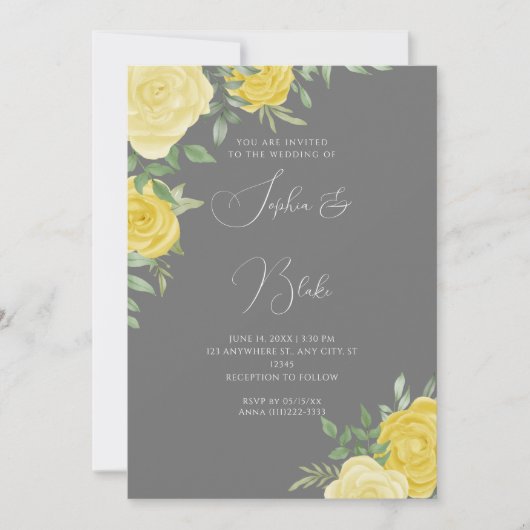 Moderne gele rozen Elegant Grey Wedding Kaart (Voorkant)
