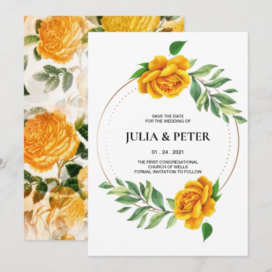 Moderne gele rozenbloem bespaart de uitnodiging to (Voorkant / Achterkant)