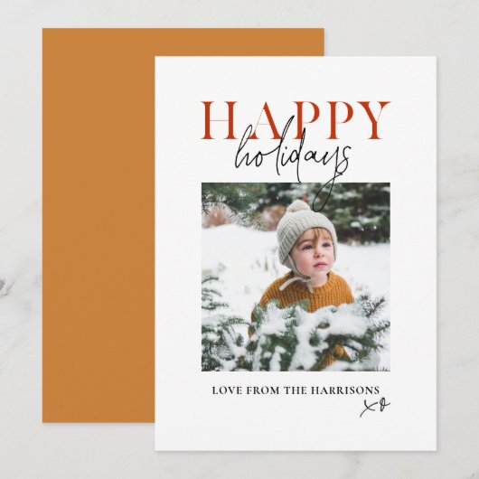 Moderne Gele Schrift Familie Kids Foto Gelukkig Feestdagenkaart (Voorkant / Achterkant)