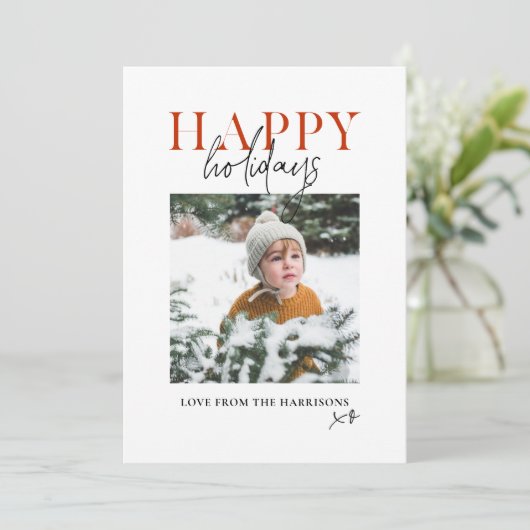 Moderne Gele Schrift Familie Kids Foto Gelukkig Feestdagenkaart (Staand voorkant)