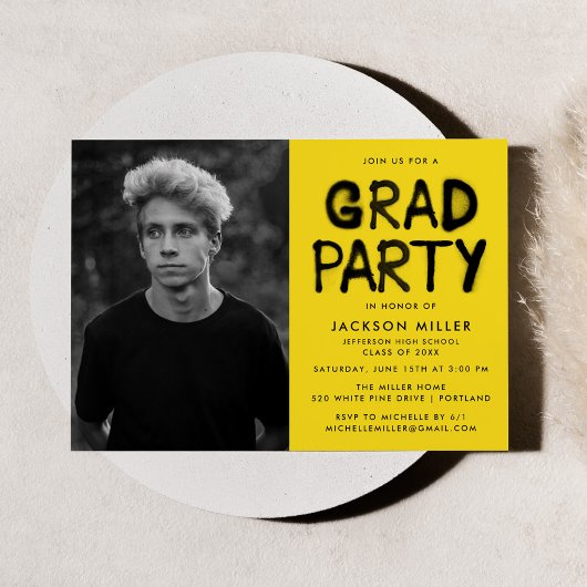 Moderne Gele Spuitverf Foto Graduation Party Kaart