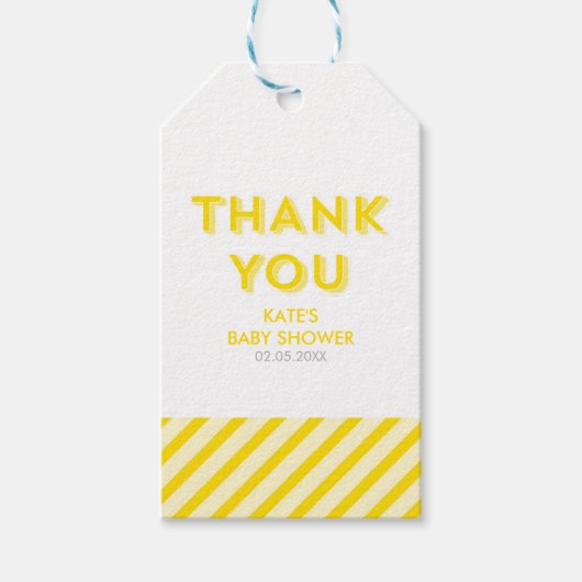 Moderne gele strepen Dank u Baby shower Cadeaulabel (Voorkant)