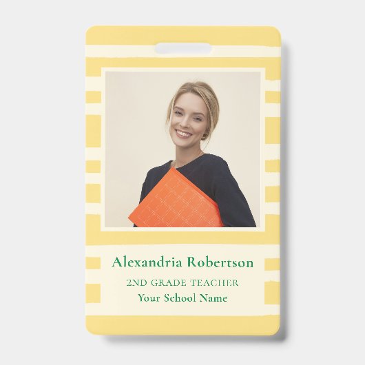 Moderne Gele Strepen Docent Pasfoto ID Badge (Voorzijde)