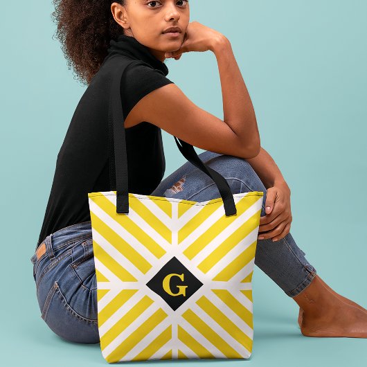 Moderne Gele Strepen Initiaal Tote Bag