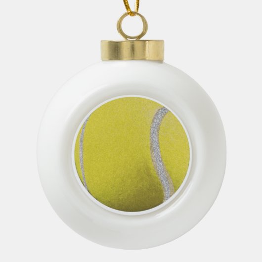Moderne gele tennisbak met faux glitter line keramische bal ornament (Voorkant)