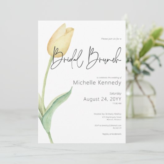 Moderne gele tulp solo bruids brunch kaart (Staand voorkant)