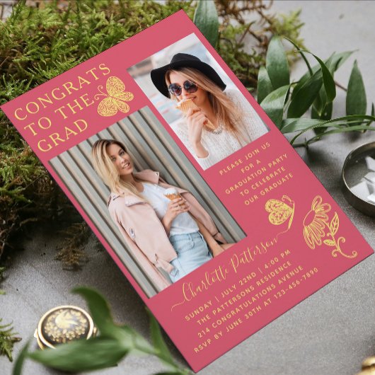 Moderne gele vlinder foto afstudeerfeest kaart