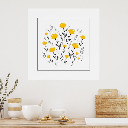 Moderne Gele Waterverf Floral Motif Poster (Keuken)