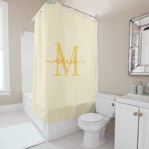 Moderne Gele & Witte Strepen Monogram Naam Douchegordijn