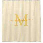 Moderne Gele & Witte Strepen Monogram Naam Douchegordijn (Voorkant)