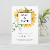 Moderne gele zonnebloem bruiloft flat Save the dat Date (Staand voorkant)