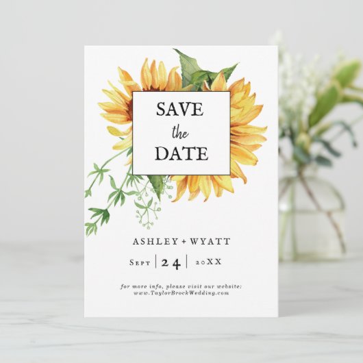 Moderne gele zonnebloem bruiloft flat Save the dat Date (Staand voorkant)
