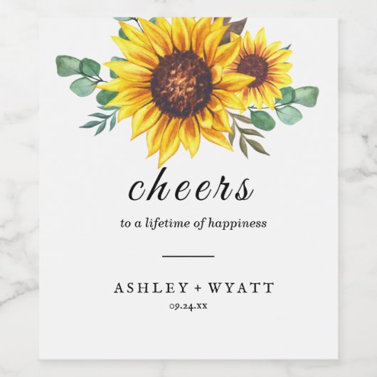 Moderne Gele Zonnebloem Bruiloft Wijn Etiket (Enkel label)