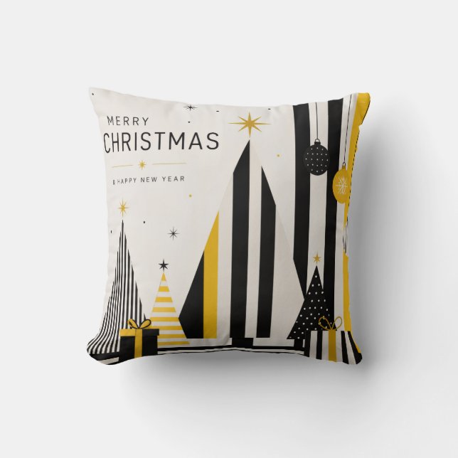 Moderne Gele Zwarte en Witte Kerst Kussen (Voorkant)