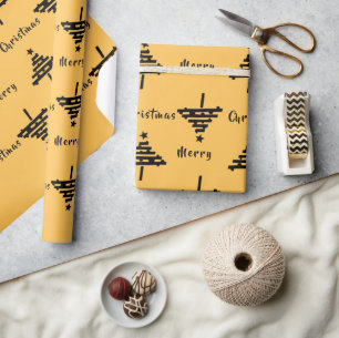 Moderne Gele Zwarte Kerstboom Patroon Vakantie Cadeaupapier