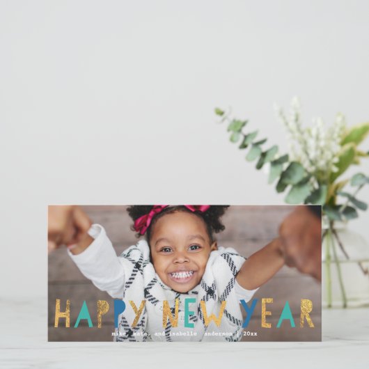 Moderne Gelukkig Nieuwjaar Gouden Faux Folie w / A Feestdagenkaart (Staand voorkant)
