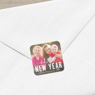 Moderne Gelukkig Nieuwjaar Vakantie Foto Vierkante Sticker