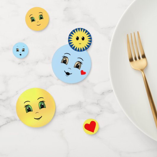 Moderne, gelukkige gezichten in lichtblauw en geel confetti (Groep)