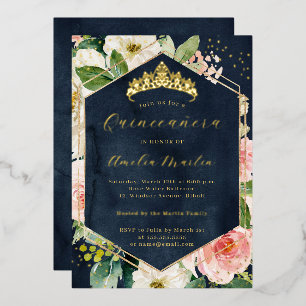 Moderne Geo Blush Navy Bloem Quinceanera Folie Uitnodiging