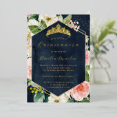 Moderne Geo Blush Navy Floral Quinceanera Folie Uitnodiging (Staand Voorkant)