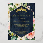 Moderne Geo Navy Blush Bloemen Quinceanera Folie Uitnodiging (Voorkant)