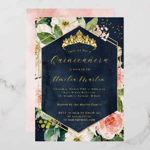 Moderne Geo Navy Blush Bloemige Quinceanera Folie Uitnodiging