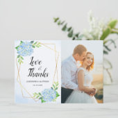 Moderne Geometric Blue Hydrangea Weddenfoto Bedankkaart (Staand voorkant)