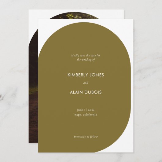 Moderne Geometric Olive Green Photo Wedding Save The Date (Voorkant / Achterkant)