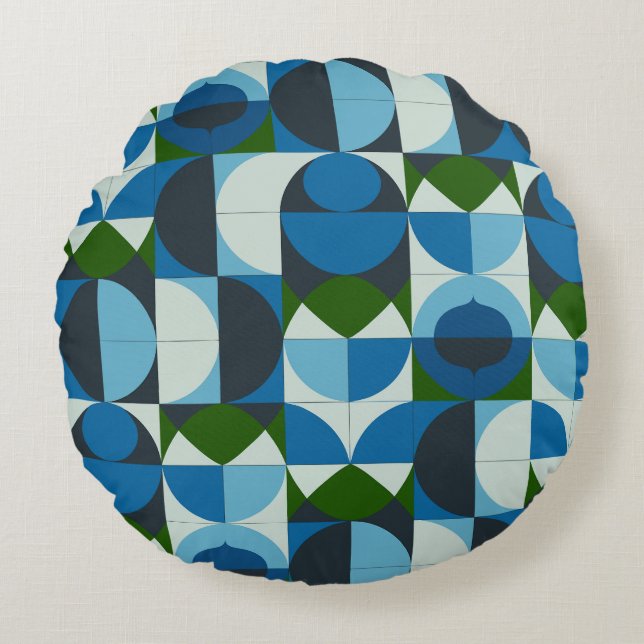 Moderne geometrische blauwe en groene abstracte rond kussen (Voorkant)