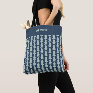 Moderne geometrische blauwe navy kerstboom grafisc tote bag