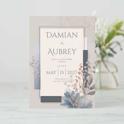 Moderne geometrische botanische bruiloft kaart (Staand voorkant)