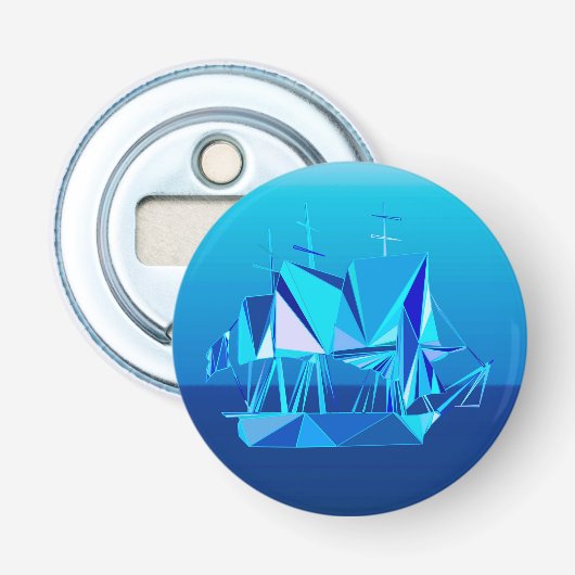 Moderne geometrische Clipper Ship, Cobalt Blue Button Flesopener (Voorkant)