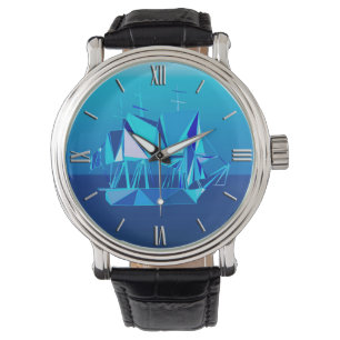 Moderne geometrische Clipper Ship, Cobalt Blue Horloge