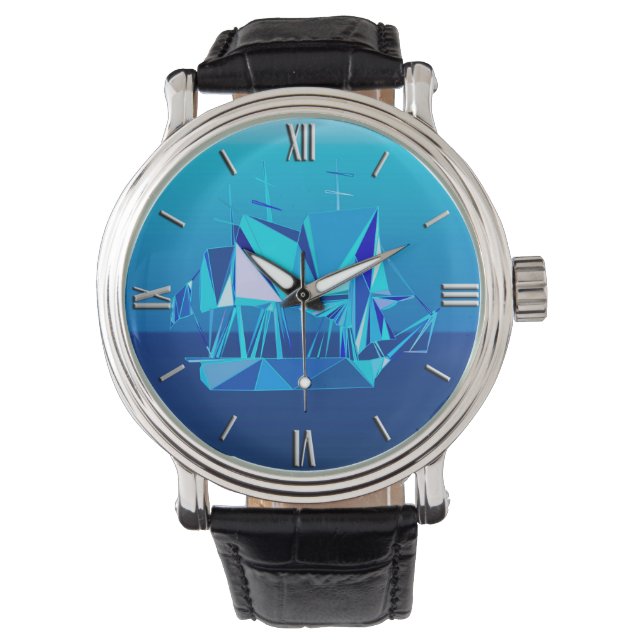 Moderne geometrische Clipper Ship, Cobalt Blue Horloge (Voorkant)
