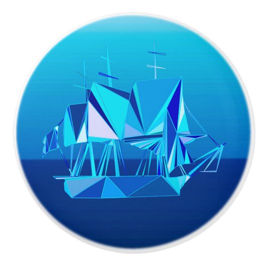 Moderne geometrische Clipper Ship, Cobalt Blue Keramische Knop (Voorkant)