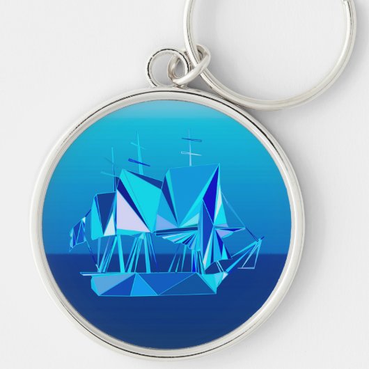 Moderne geometrische Clipper Ship, Cobalt Blue Sleutelhanger (Voorkant)
