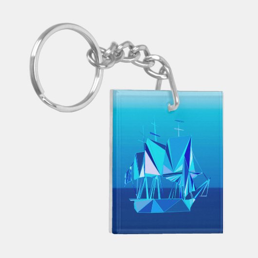 Moderne geometrische Clipper Ship, Cobalt Blue Sleutelhanger (Voorkant Links)