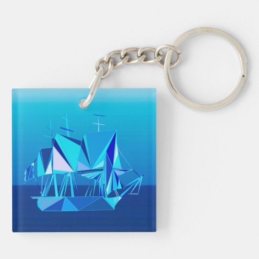 Moderne geometrische Clipper Ship, Cobalt Blue Sleutelhanger (Achterkant)