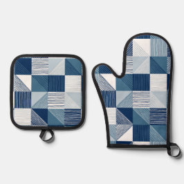 Moderne geometrische controles met lijnen in blauw ovenwant & pannenlap set