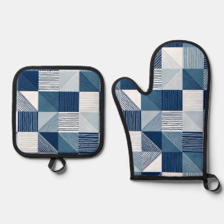 Moderne geometrische controles met lijnen in blauw ovenwant & pannenlap set