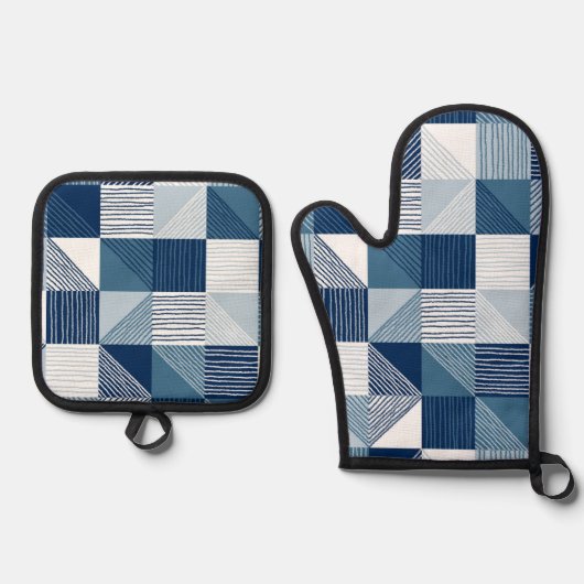 Moderne geometrische controles met lijnen in blauw ovenwant & pannenlap set (Voorkant)