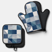 Moderne geometrische controles met lijnen in blauw ovenwant & pannenlap set (Voorkant / Achterkant)