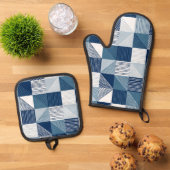 Moderne geometrische controles met lijnen in blauw ovenwant & pannenlap set (Top down)