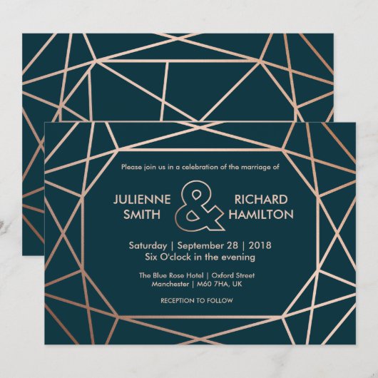 Moderne geometrische diamantvormige bruiloft uitno kaart (Voorkant / Achterkant)