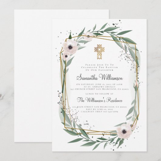 Moderne geometrische Floral Cross Baptisme Uitnodi Kaart (Voorkant / Achterkant)