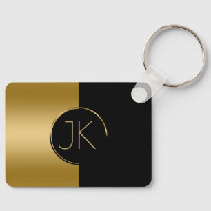 Moderne geometrische goud & zwart ontwerp monogram sleutelhanger